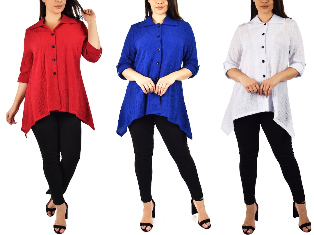 Women High End Designer Tunic Blouse Shirt With Roll up Sleeves