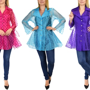 Women Polka Dot Organza Blouse, Full sleeve Semi Sheer Cover Up Jacket With Button Down Front, Regular & Plus Sizes