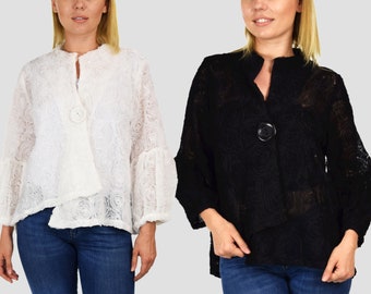 Capispalla giacca blazer con motivo floreale testurizzato asimmetrico da donna con maniche a sbuffo