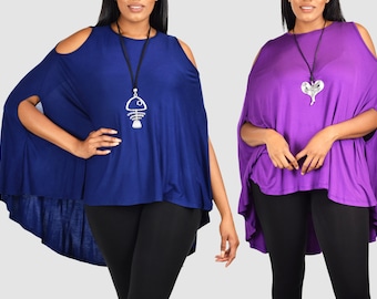Women Cold Shoulder Hi Low Bat Wing Dolman Poncho Tunic Top, Summer Top, Beach Cover Up, , One Size Fits All (Medium-5X)
