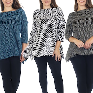Womens High Fashion Cowl neck Full sleeve tunic Blouse Top, Made in USA, Regular and Plus Sizes