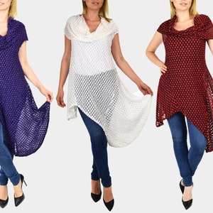 Women Sleeveless Asymmetrical Semi Sheer Cowl Neck Tunic Dress Blouse Top Cover Up, Reg & Plus Sizes