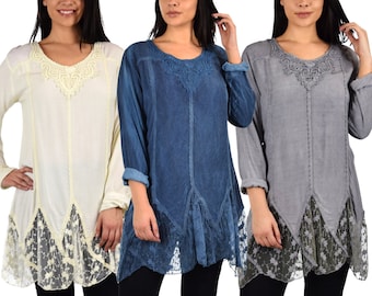 Dam Plus Size Vintage Boho Kolonial Spetstunika Blus med Upprullade Ärmar