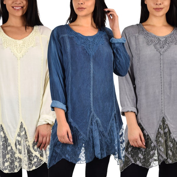 Women Plus Size Vintage Bohemian Colonial Lace Tunic Blouse Top with Roll Up Sleeves