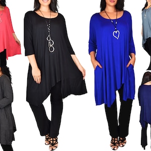 Plus Size Asymmetrical Asymmetrical Hem Long Tunic Shirt Dress Blouse Top with Side Pockets, Handmade in USA