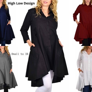 Women High Low Button Down A Line Swing Dress Shirt Top With Side Pockets, Cotton, Reg and Plus Sizes