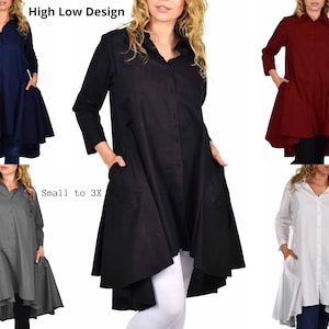 Women High Low Button Down A Line Swing Dress Shirt Top With Side Pockets, Cotton, Reg and Plus Sizes image 1