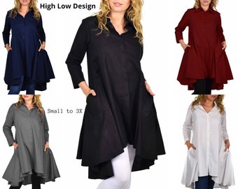 Women High Low Button Down A Line Swing Dress Shirt Top With Side Pockets, Cotton, Reg and Plus Sizes