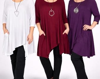 Plus Size Sharkbite Hem Tunic Top 1X–6X | Flowy Asymmetrical Tunic with Pockets | Made in USA Curvy Boutique Top