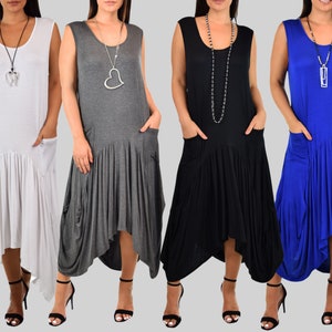 Plus Size Women&#39;s High Low Sleeveless Loose Fitting Maxi Dress With Front Pockets, One Size Fits All (Large-4X) , Handmade in USA