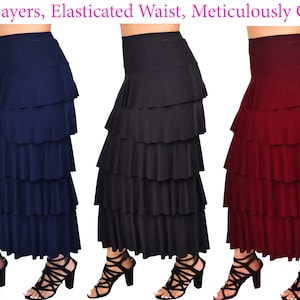 Women Ruffled 5 Tiered waterfall Bohemian Layered Maxi Skirt, Regular and Plus Sizes