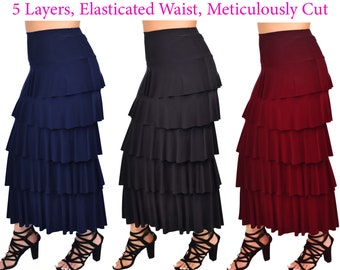 Women Ruffled 5 Tiered waterfall Bohemian Layered Maxi Skirt, Regular and Plus Sizes