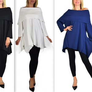 Könnte beinhalten: Fünf schulterfreie Oberteile in verschiedenen Farben: Königsblau, Schwarz, Weiß, Marineblau und Beige. Jedes Oberteil hat lange Ärmel und einen asymmetrischen Saum. Die Oberteile werden mit schwarzen Leggings und schwarzen Absätzen kombiniert.