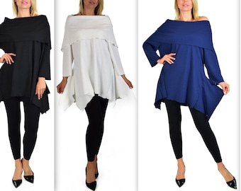 High fashion tunika med kappa, Dammodetunika, Helärmad kappa med omlottkrage, Blustopp, Normala och Plusstorlekar