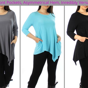 May include: Three long-sleeved shirts with front pockets and an asymmetrical hem. The shirts are shown in gray, turquoise, and black.