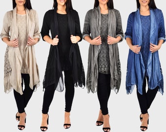 Women Plus Size 2 Piece Tunic Duster Set, Embroidered Netter Lace Tunic Set, Blouse Top and Duster Vest Set