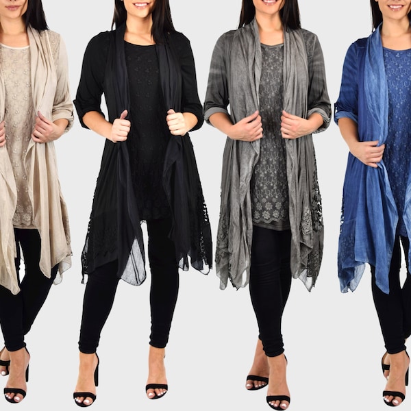 Women Plus Size 2 Piece Tunic Duster Set, Embroidered Netter Lace Tunic Set, Blouse Top and Duster Vest Set