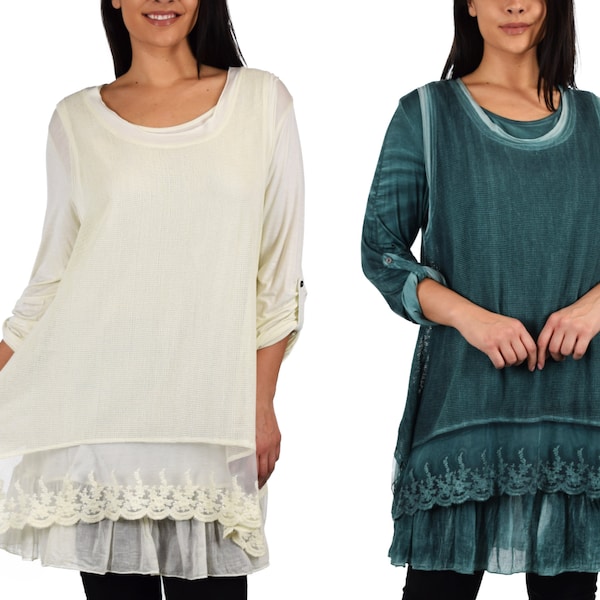 Women Plus Size 2 Piece Bohemian Lace Tunic Blouse Top with Flare Hemline + Netted Vest Set