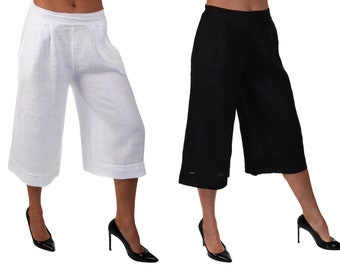 Linen Capri Cropped Pants with Side Pockets, Made in Italy