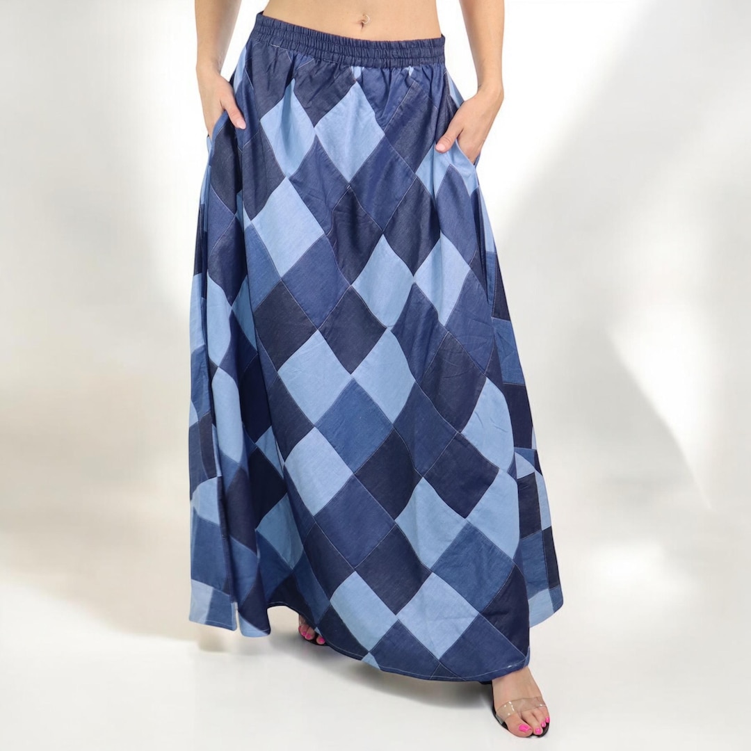Bohemian flared maxi denim skirt