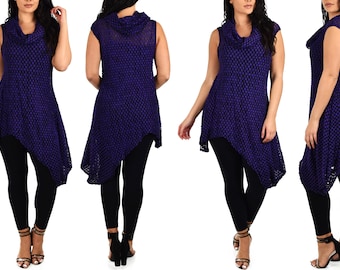 Women Sleeveless Asymmetrical Semi Sheer Cowl Neck Tunic Dress Blouse Top Cover Up, Uneven Hem, Reg & Plus Sizes