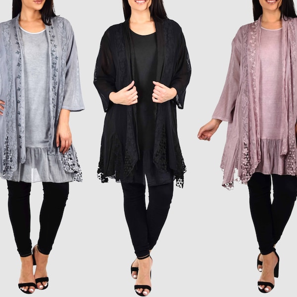 Women Plus Size 2 Piece Embroidered Lace Cardigan Duster + Top Set