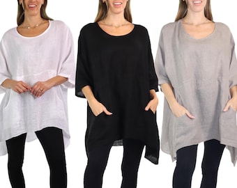 Linen Relaxed Fit Asymmetrical Hem Blouse Top with Front Pockets | One Size Fits All (Fits S-3X)