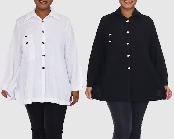 2x in dress shirt size Womens Plus Size Loose Fitting Bohemian Button Down Dress Shirt Blouse  Tunic Top, Made in USA, Sizes 1X, 2X, 3X
