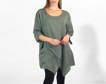 Blusa tipo túnica asimétrica de lino / Talla única (se adapta a tallas S-2X)