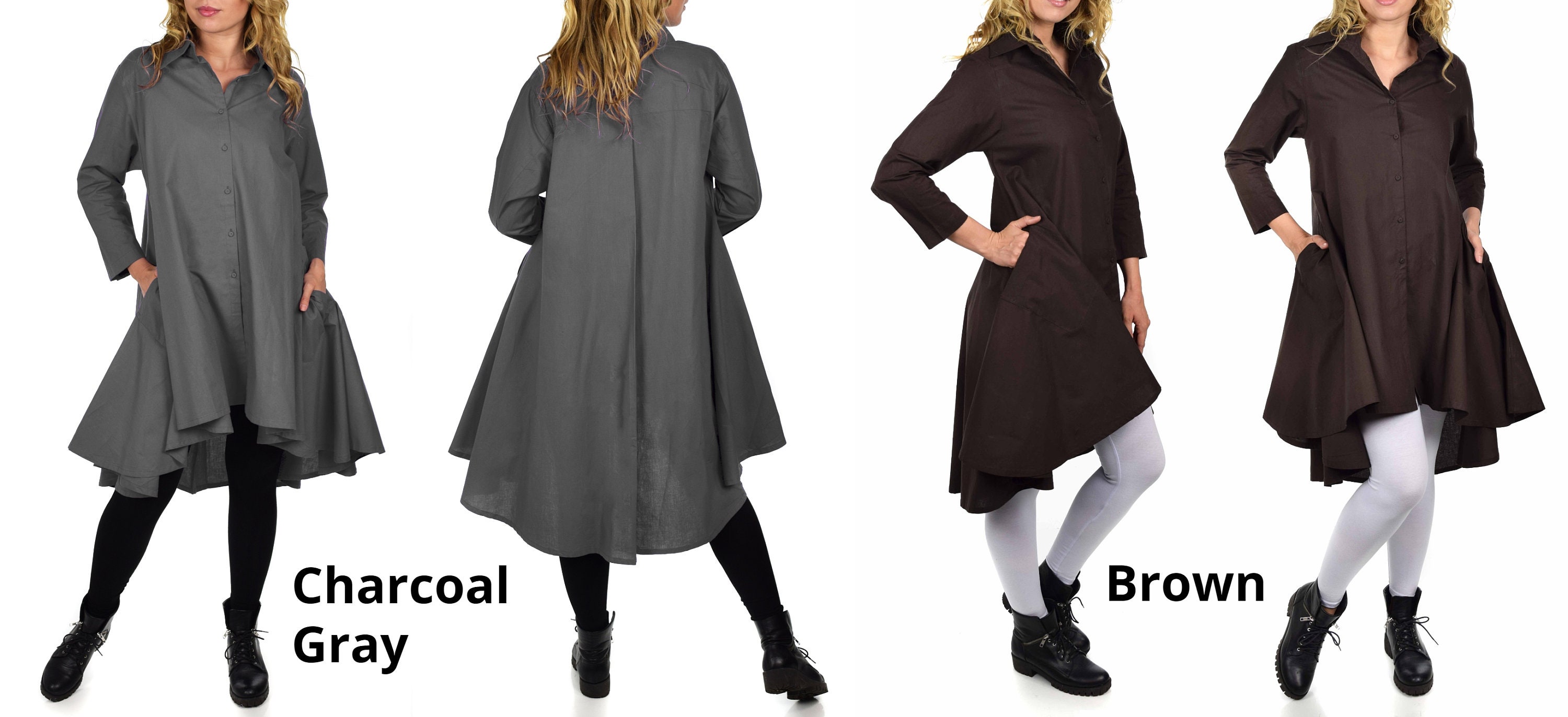 Women High Low Button Down A Line Swing Dress Shirt Top With Side ...