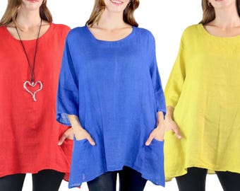 Womens 100% Linen Loose Fitting Bohemian Tunic Top with 3/4 Sleeves and  Front Pockets | One Size Fits all (S-2X)