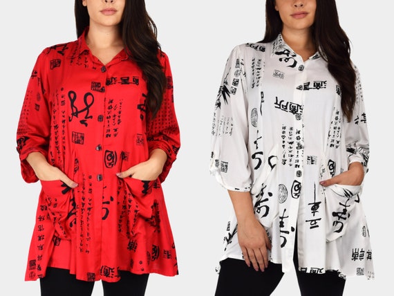 Women Plus Size Button Down Tunic Blouse Shirt with Roll Up Sleeves and Front Pockets