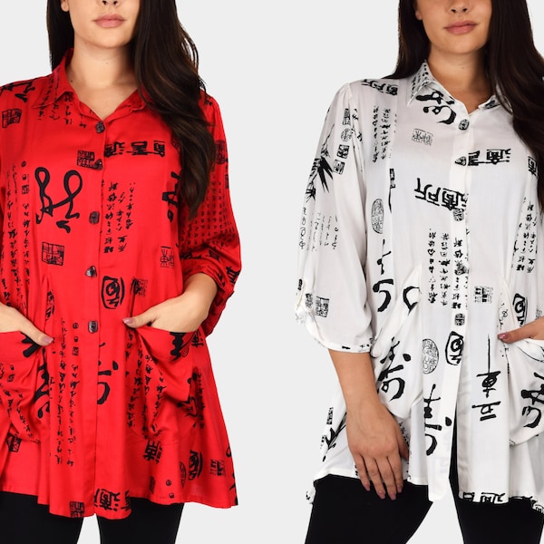 Women Plus Size Button Down Tunic Blouse Shirt with Roll Up Sleeves and Front Pockets