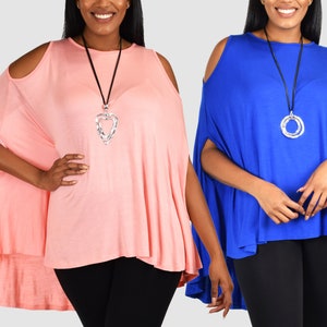 Women Cold Shoulder Hi Low Bat Wing Dolman Poncho Tunic Top, Summer Top, Beach Cover Up, , One Size Fits All (Medium-5X)