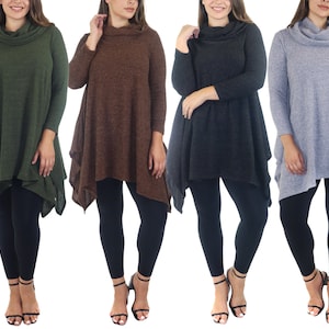 Cowl Neck Cozy Asymmetrical Hem Tunic Outerwear Sweater for Chilly Weather, Flared Hemline, Made in USA, Available in Regular and Plus Sizes
