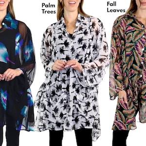 Women Plus Size Button Down Semi-Sheer Tunic Blouse Shirt with Roll Up Sleeves and Front Pockets