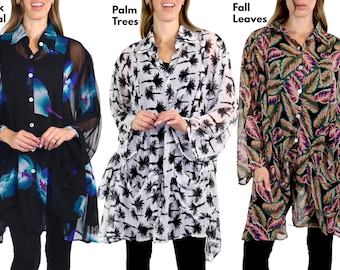 Dam Plus Size Button Down Halvtransparent Tunika Blus med Upprullade Ärmar och Framfickor