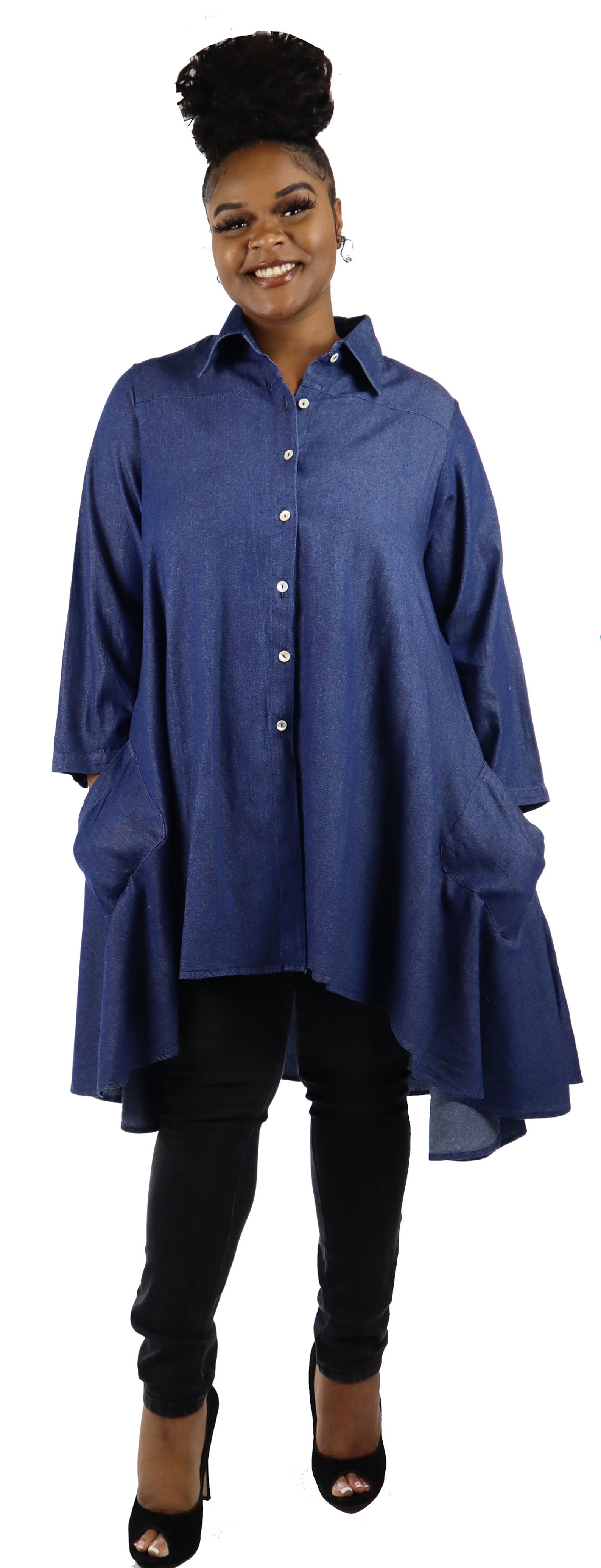 Women Denim Shirt High Low Button Down A Line Swing Dress - Etsy