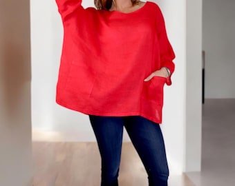 Womens Oversized Baggy All Natural 100% Linen Loose Fit Tunic Top | One Size Fits All