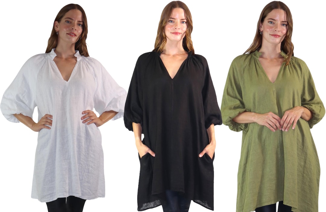 Womens 100% Linen Puff Sleeved V Neck Tunic Blouse Top W/side Pockets ...