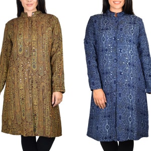 Womens Sequin Wool blend Coat, Plus size coat, Button Down Coat Blazer Jacket, Jamawar Coat, Paisley Coat.