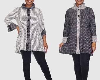 Plus Size Aristocratic High Collared Button Down Dressy Jacket Top, Handmade in USA