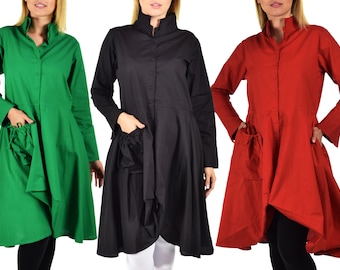 Women Button Down Shirt,  High Low Button Down A Line Swing Dress Shirt, With Side and front Pockets, Reg and Plus Sizes