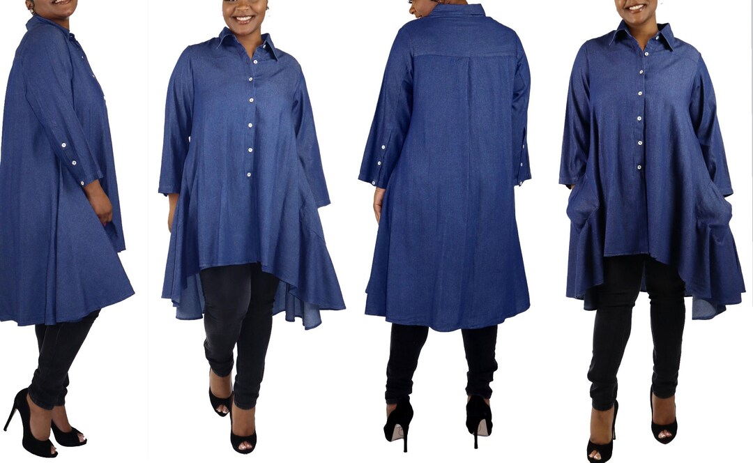 Women Denim Shirt, High Low Button Down A Line Swing Dress Shirt Top ...