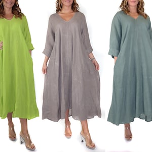 100% Linen Swing Maxi Dress, Loose Fitting, Made in Italy | Regular and Plus Sizes