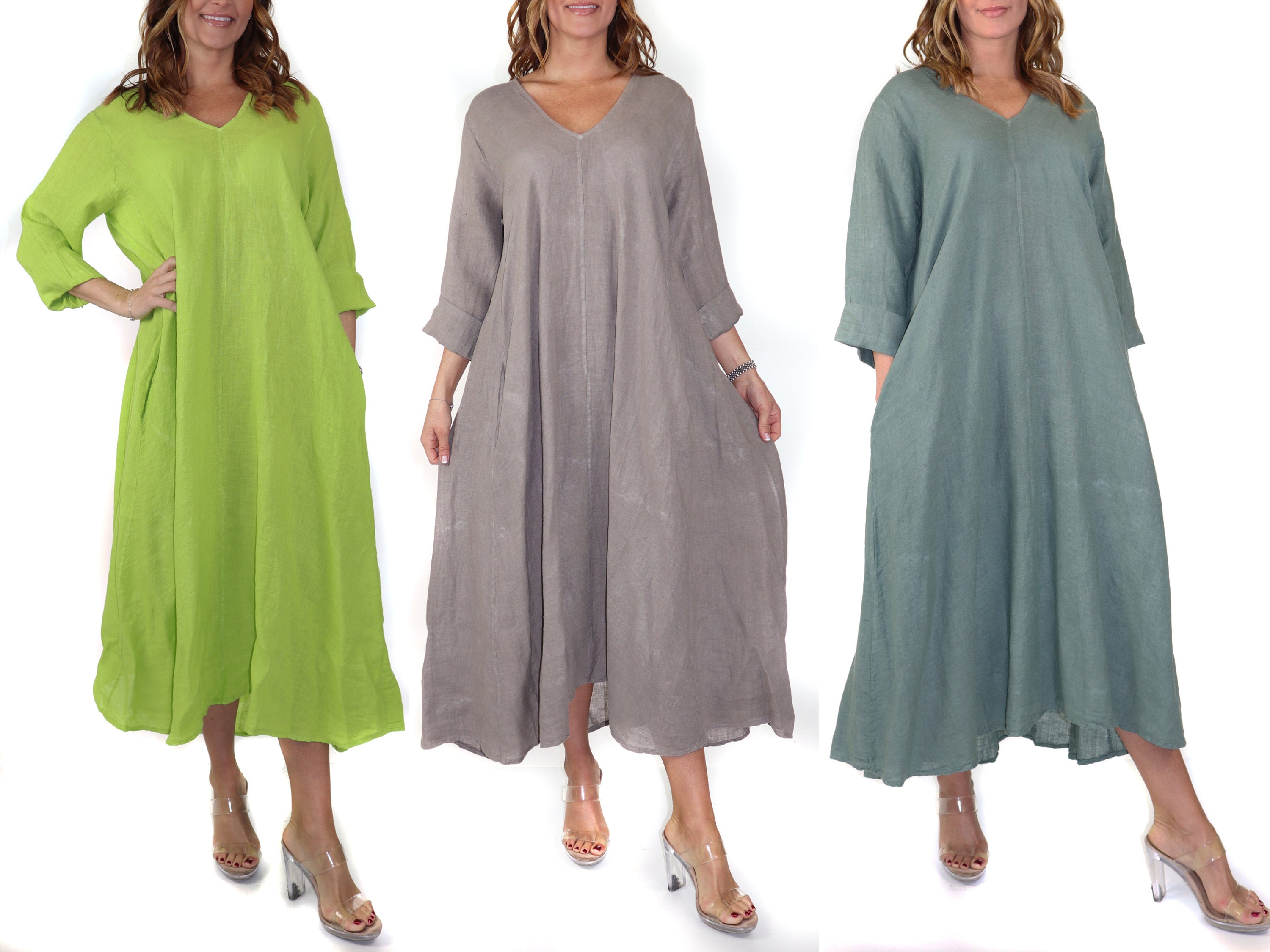 100% Linen Swing Maxi Dress, Loose Fitting, Made in Italy | Regular and Plus Sizes