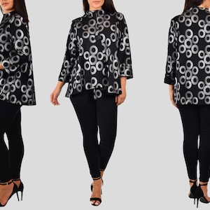 Women Aristocratic Button Down Jacket, Crop Jacket, High End Artsy Asymmetrical Jacket, Black and Gray Blazer, Reg & Plus Sizes, Made in USA