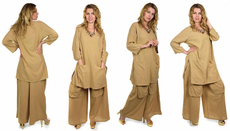 May include: A set of four photos showing a woman wearing a long, loose-fitting, tan tunic top with pockets and matching wide-leg pants. The top has a V-neckline and three-quarter sleeves. The pants have a wide, flowing leg and are cinched at the waist.