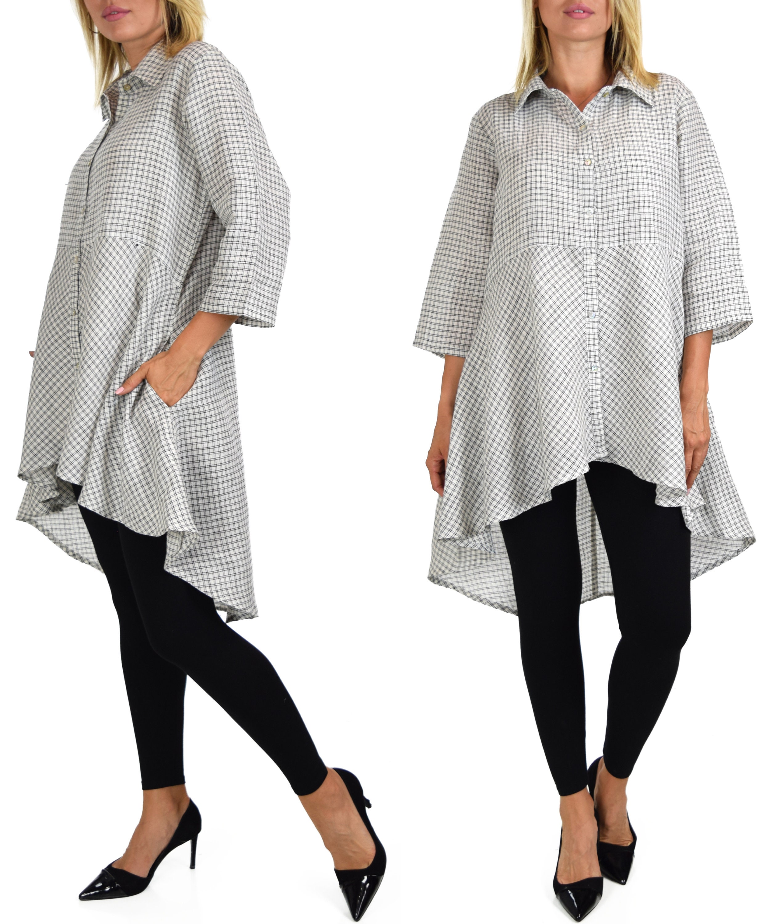 Women Linen High Low Button Down A Line Swing Dress Shirt Top | Reg and ...