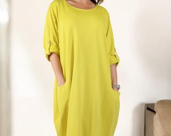 Womens Relaxed Fit Midi Dress with Ballon Hem and Front Pockets